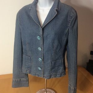 LUII denim jacket with jeweled button accents.